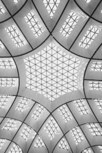 a black and white photo of a ceiling